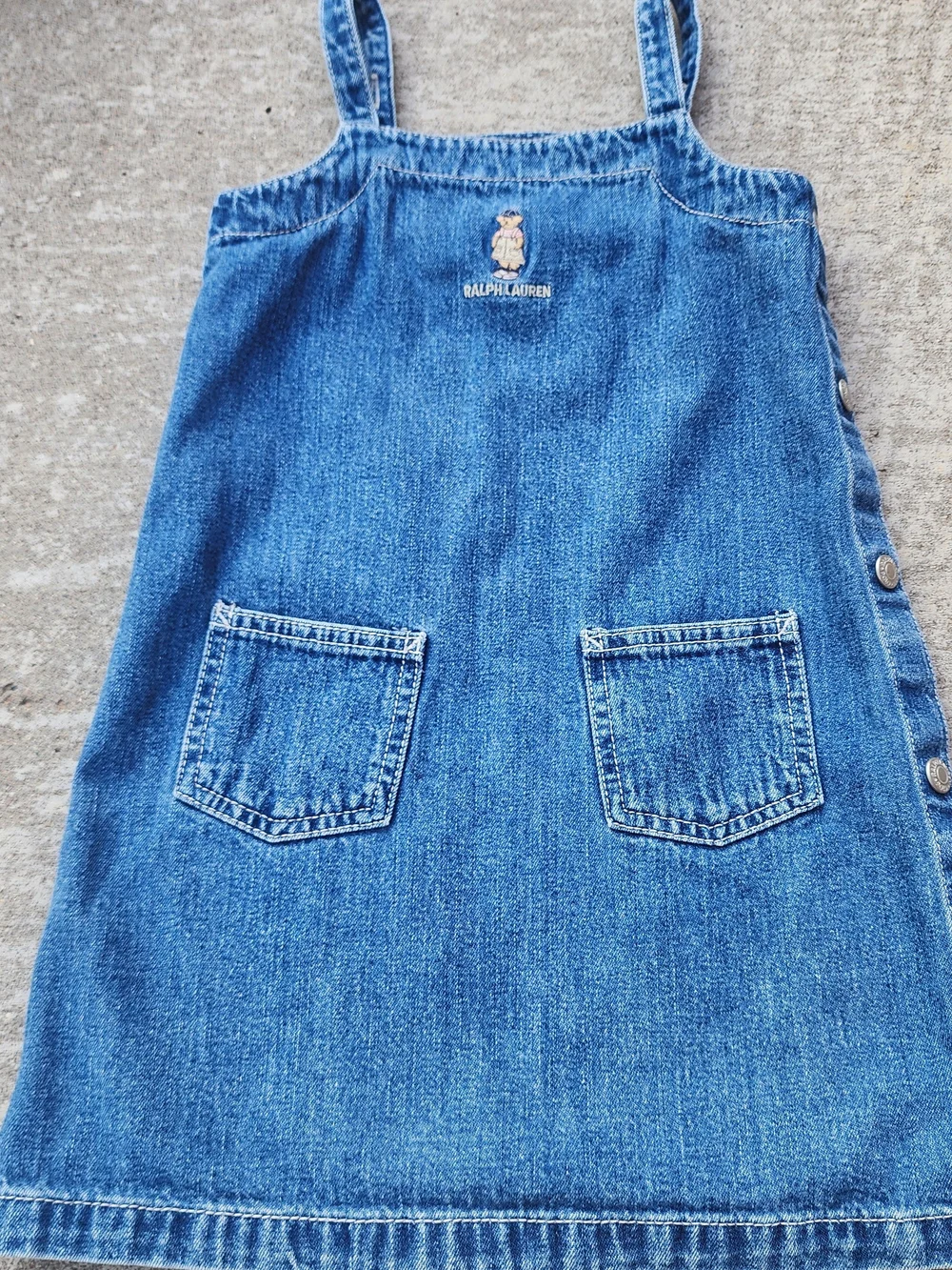 Vintage Ralph Lauren Girls Denim Dress Polo Bear Embroidered Jumper Size 5